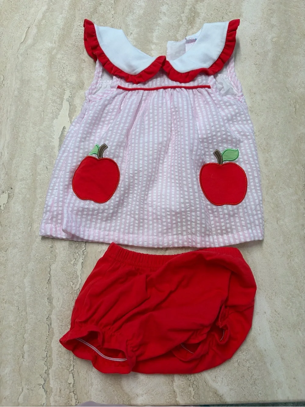 Stitchy Fish Baby girl back to School Seersucker Applique Diaper Set 9M